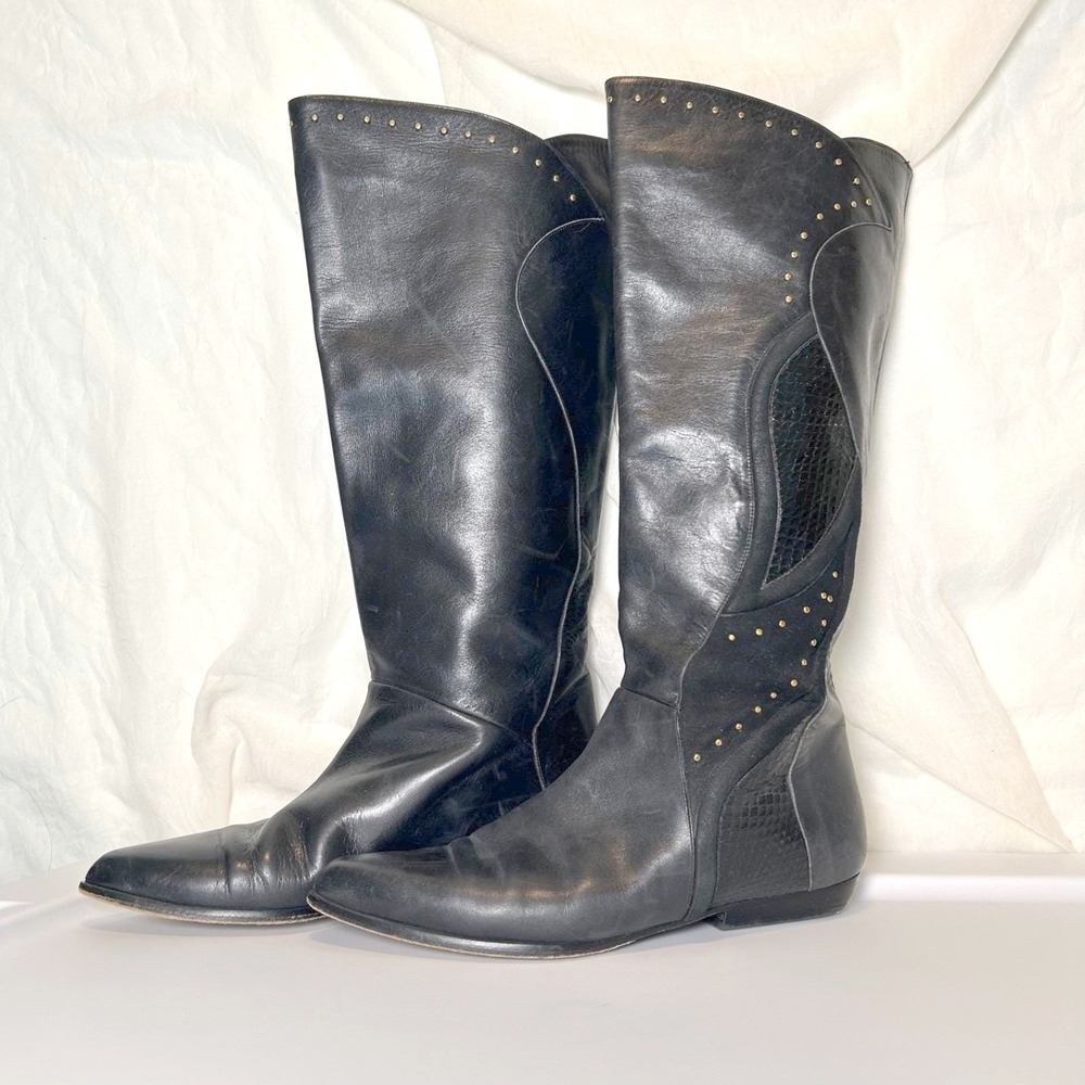 women's Castanar knee high black snakeskin, soft leather and suede studded boots